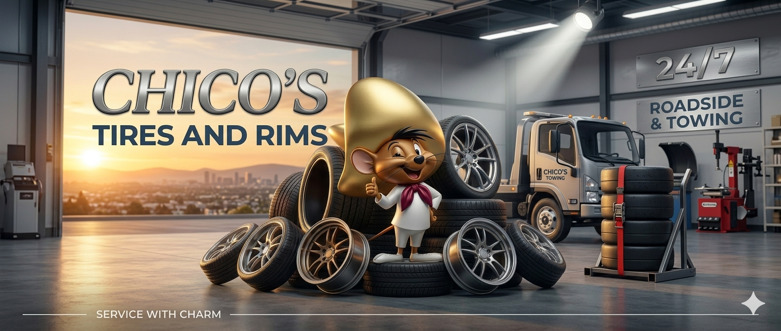Chico's Used Tires homepage featuring tire shop hero image and service highlights